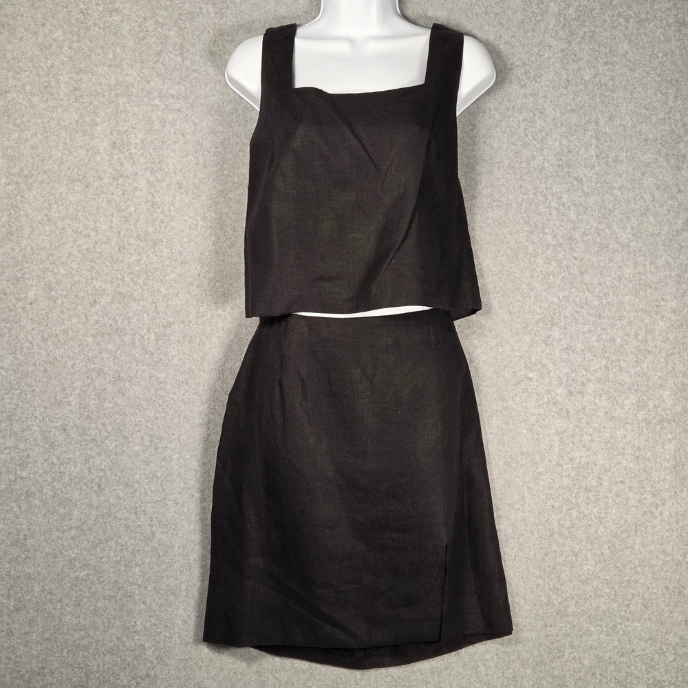 Ralph Lauren Women 12 VTG 90s Linen‎ 2 Pc Set Crop Top Tank and Skirt Black Chic